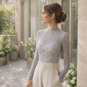 Easel NWT Blue Floral Lace Mesh Mock Neck Top, Size S